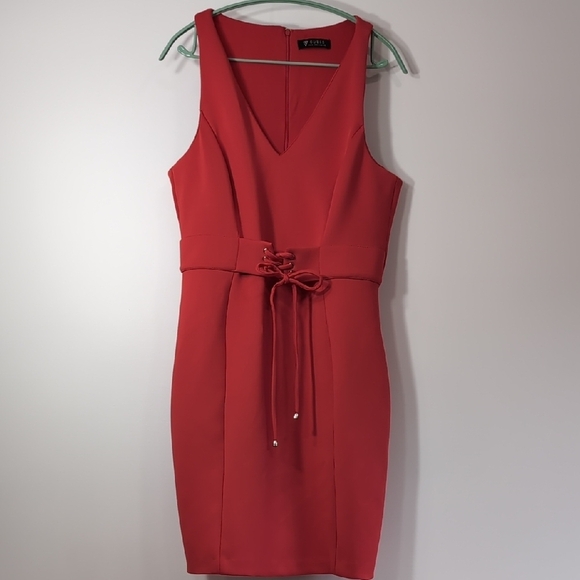 Guess | Red Sleeveless V-Neck Tie Front Mini Bodycon Dress Size L - Picture 2 of 8